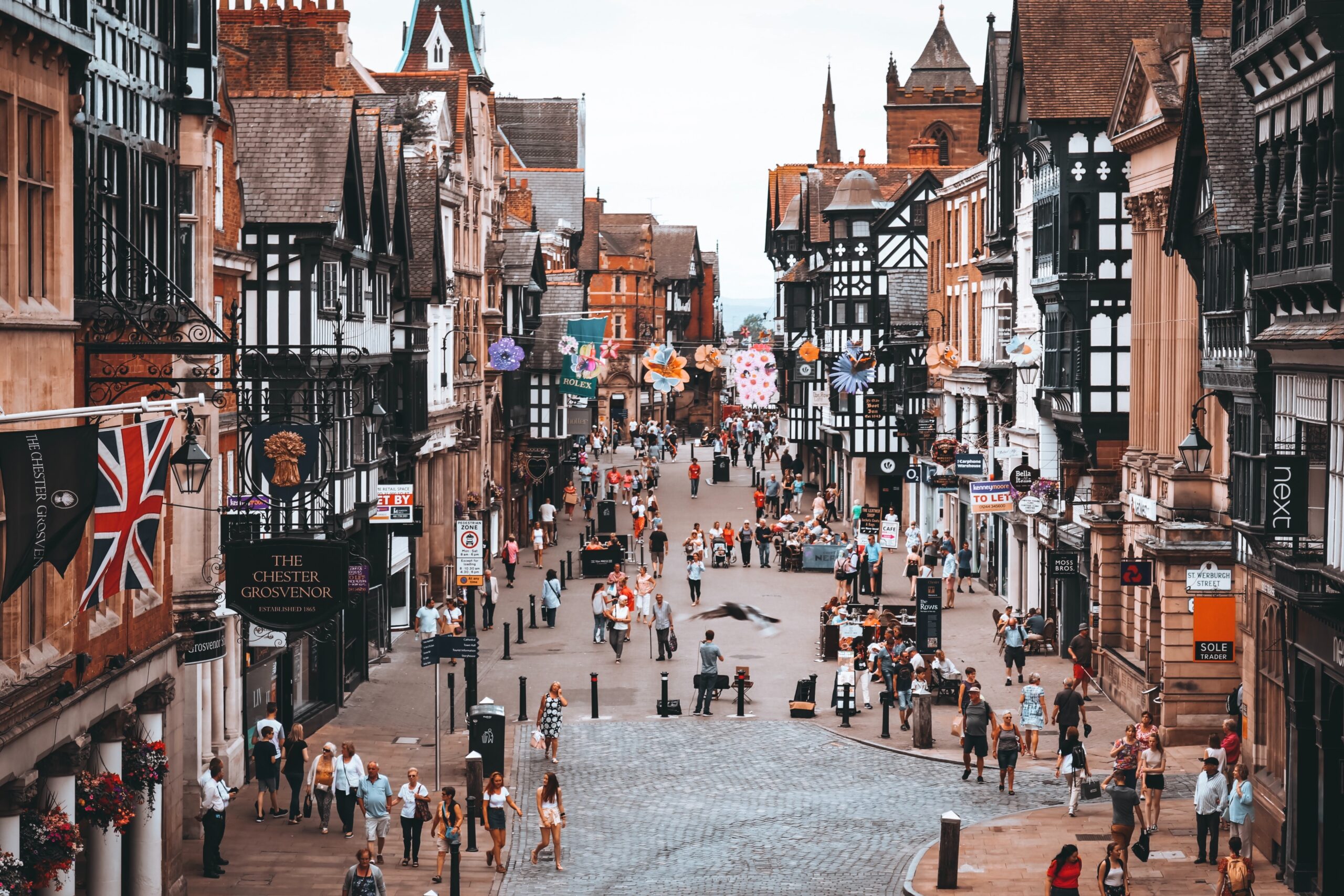 Eastgate Street in the centre of Chester, lined with black-and-white timbered buildings